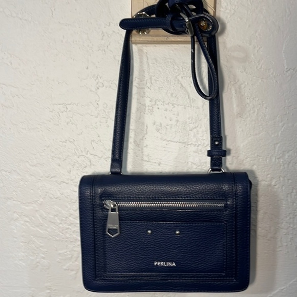 Perlina New York Navy Blue Pebbled‎ Leather Crossbody Silver Hardware Organizer